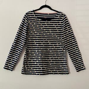 Boden Navy White Gold Stripe Polka Dot Boatneck Top Long Sleeve Women's size 10